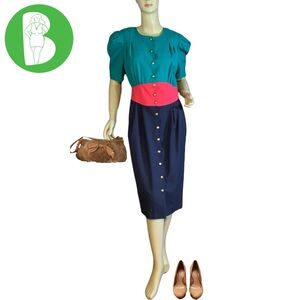 VINTAGE 1980'S LESLIE FAY COLLECTIONS TEAL, CORAL & BLUE COLORBLOCK DRESS (8)